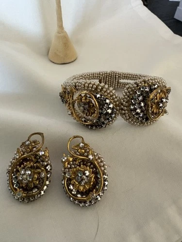 Vtg Miriam Haskell Rhinestone & Pearls Gold Earrings Bracelet Set EXTRAORDINARY