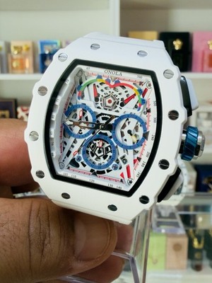 Men s ONOLA Quartz Watch Sport Skeleton Dial Silicone Band Waterproof