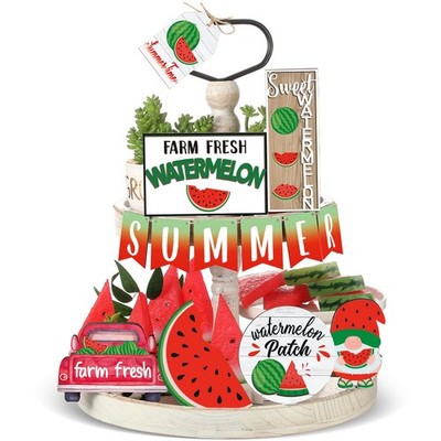 Purpeak 13 Pcs Summer Watermelon Tiered Tray Decor Set Farmhouse Wood Summer ...