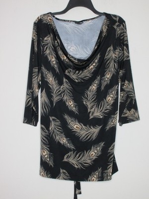 east 5th Women's Black 3/4 Sleeve Peacock Feather Design Belted Knit Top 1XG B87
