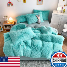 Chovy Kids Girls Faux Fur Sky Blue Comforter Set Queen 3PC Soft Warm Plush Beddi