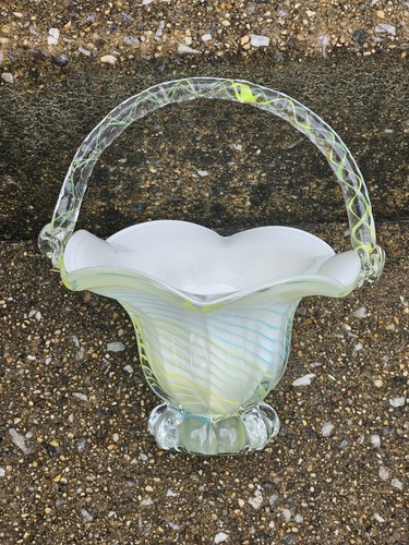 Block Crystal Cut Glass Art Hand Blown & Cut Basket Yellow Blue Green Stripe - Picture 2 of 14
