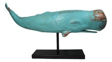 Abstract Art Blue Sperm Whale Fish Faux Distressed Wood Sculpture On Stand 30