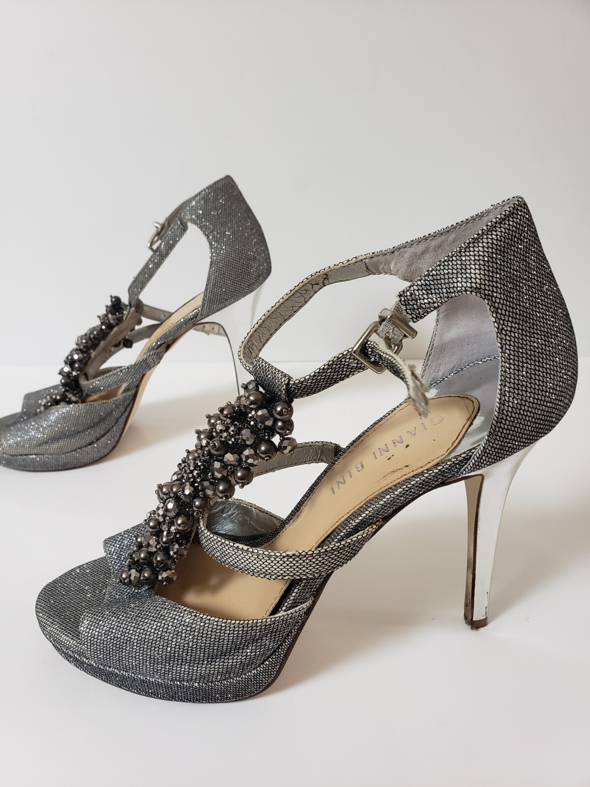 Prom Party Wedding Shoes Gianni Binni Silver Sandals with Rhinestones Size 8.5 - Picture 3 of 10