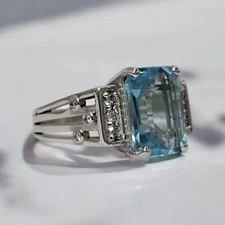 Aquamarine Emerald Cut Gemstone With 925 Sterling Silver Ring For Men's #680
