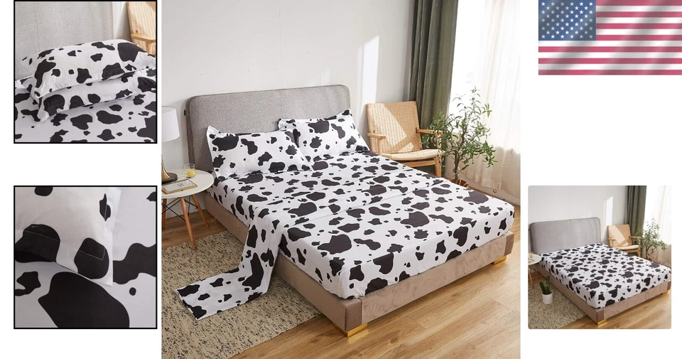 Набор простыней для коровы Charming черно-белый - королевский размер, 4 штуки с глубокими карманами - Изображение 2 из 4