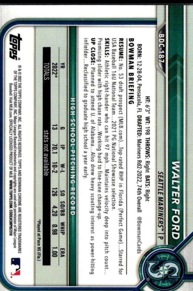 2022 Bowman Draft Chrome Sky Blue Refractor Walter Ford Seattle Mariners - Image 2 of 2