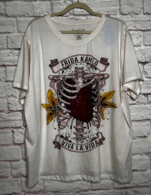 3X New Frida Kahlo Viva La Vida Ivory Cotton Knit Tee Shirt Top Red Heart