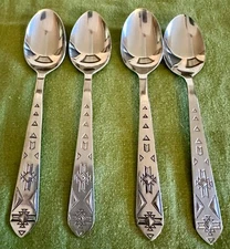 Set of 4 International Silver PUEBLO Satin Stainless Steel Southwest Teaspoons