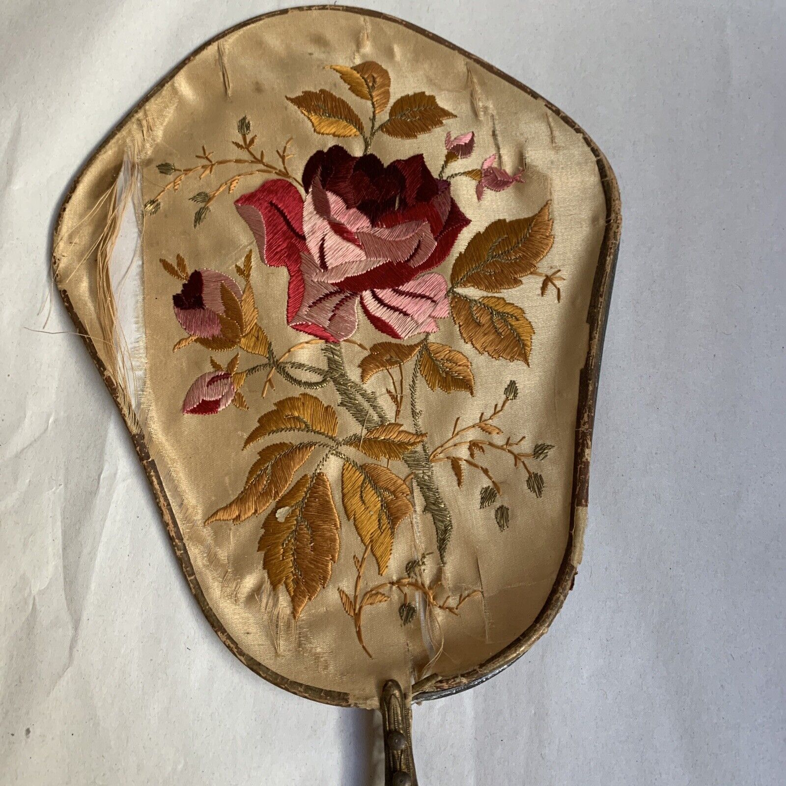 ANTIQUE METAL VICTORIAN HAND FAN EMBROIDERED FLORAL ON SILK 14