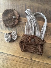 Newborn 0-6 Mo Knit Baby Photography - overalls with hat and bow Hand Made In US