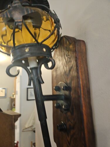 Vtg Antique Arts Crafts Wrought Iron Handblown Glass Light Wall Sconce - Picture 8 of 16