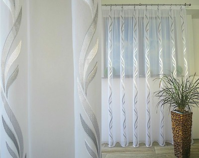 NEU Exklusive Gardine Voile Muster Weiß-Grau Bleiband Gardinenband