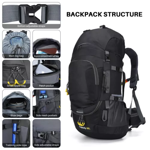 Wasserdichter Rucksack 60L großes Fassungsvermögen Tornister Tasche für Camping Wandern Reisen - Bild 5 von 56