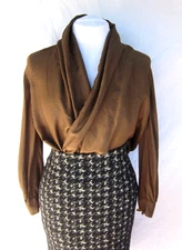 Christian LaCroix VTG 80s silk brown-green wrap top pouf shawl collar M Italy