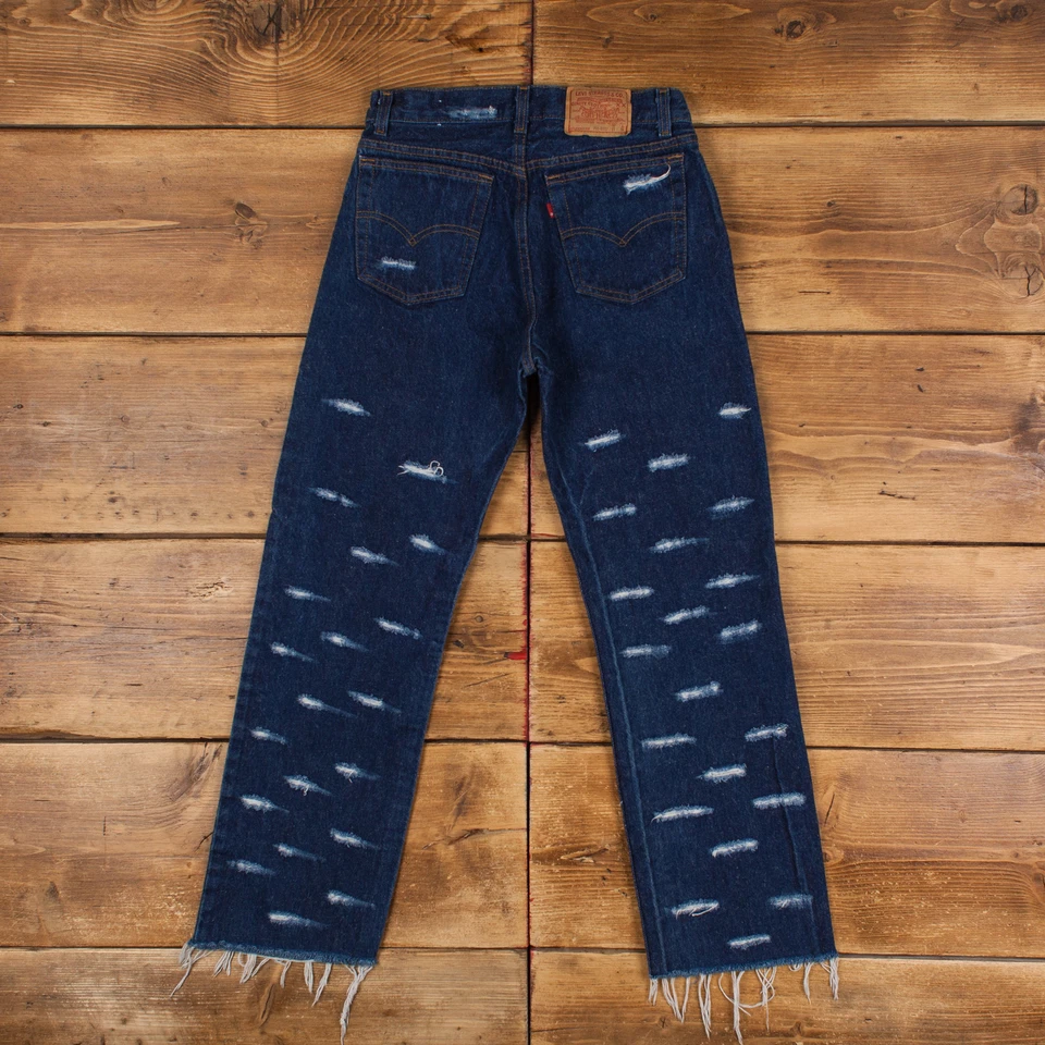 Vintage Levis 701 Jeans 27 x 27 USA Made 90s Raw Hem Dark Wash Straight Blau - Bild 2 von 4