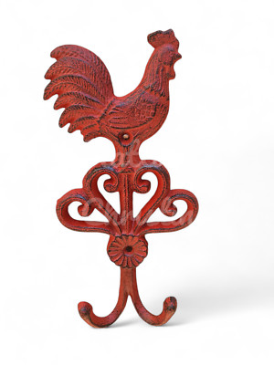 Distressed Red Rooster Cast Iron Hat Coat Towel Key Hook Rack