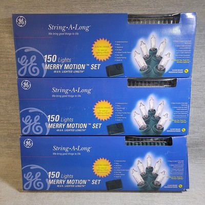 Vintage GE String-A-Long 150 Lights Set of 3 Strands Merry Motion Set White NEW