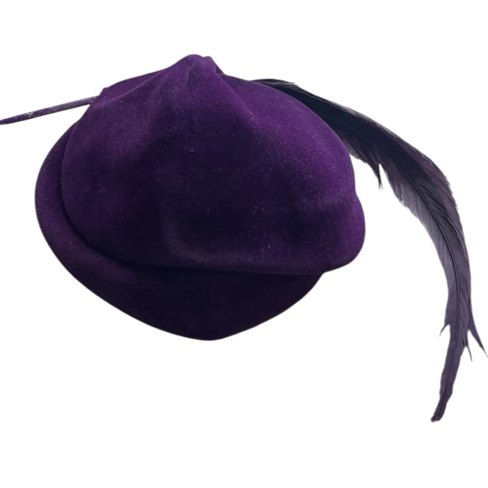 Rare Vintage Purple Wool Felt Feather Turban Hat The Emporium Women’s Dress Hat - Image 2 of 4