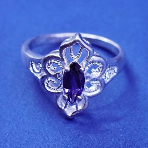 Size 6.25 Vintage Sterling 925 silver filigree handmade ring with amethyst
