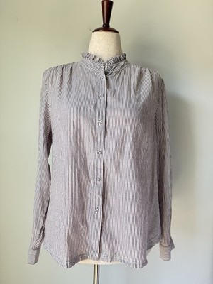 Treasure & Bond Womens Small Striped Ruffle Neck Button Front Cotton Blouse