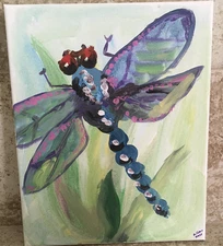 ORIGINAL Dragonfly Acrylic on Canvas SIGNED Painting Colorful Green Purple