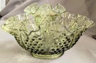Vintage FENTON Colonial Green Hobnail Glass Ruffled Candy Bowl 4x8" & Vase 4x3"