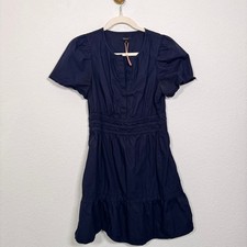 Quince Womens 100% Organic Cotton Tiered Mini Dress Size S Neutral Navy Blue