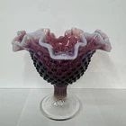 Fenton Plum Opalescent Hobnail Ruffled Compote Vase - 5.5” - No Mark READ
