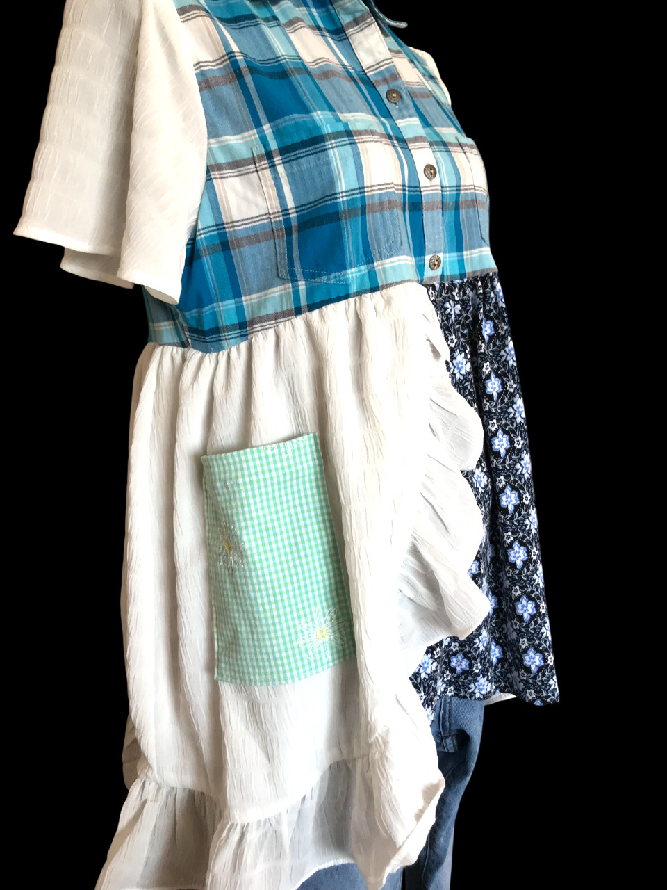 Upcycled Boho Patchwork Tunic, Ruffled Hippie Blo… - image 3