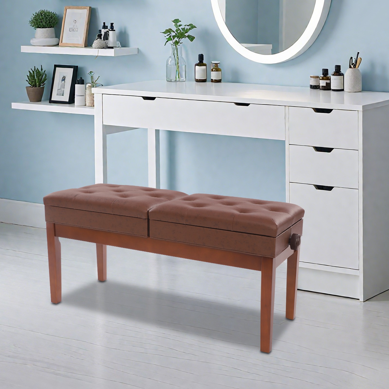 Duet Piano Bench, Wood PU Sponge, 2 Seat, Adjustable Height up to 3.9 Inch