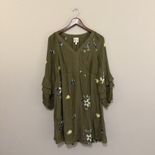 Anthropologie Fig & Flower Olive Embroidered Ruffled Boho Dress Medium Feminine