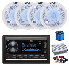 Pyle Double DIN BT Marine Receiver, Amp w/Kit, 4X 6.5" 240W LED Speakers,Wire