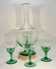 Italian art glass decanter W/3 cordial glasses, green and clear crystal
