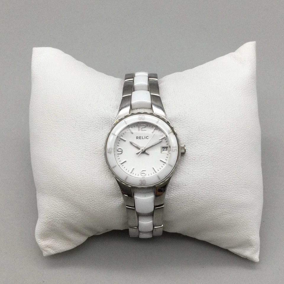 Reloj Reliquia Mujer 25mm Esfera Blanca Fecha Tono Plateado ZR11894 Batería Nueva 6.25" Foto 2 de 4
