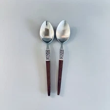 2 Ekco Eterna Stainless EKS14 TEASPOONS Flower Brown Faux Wood Handle Vtg set