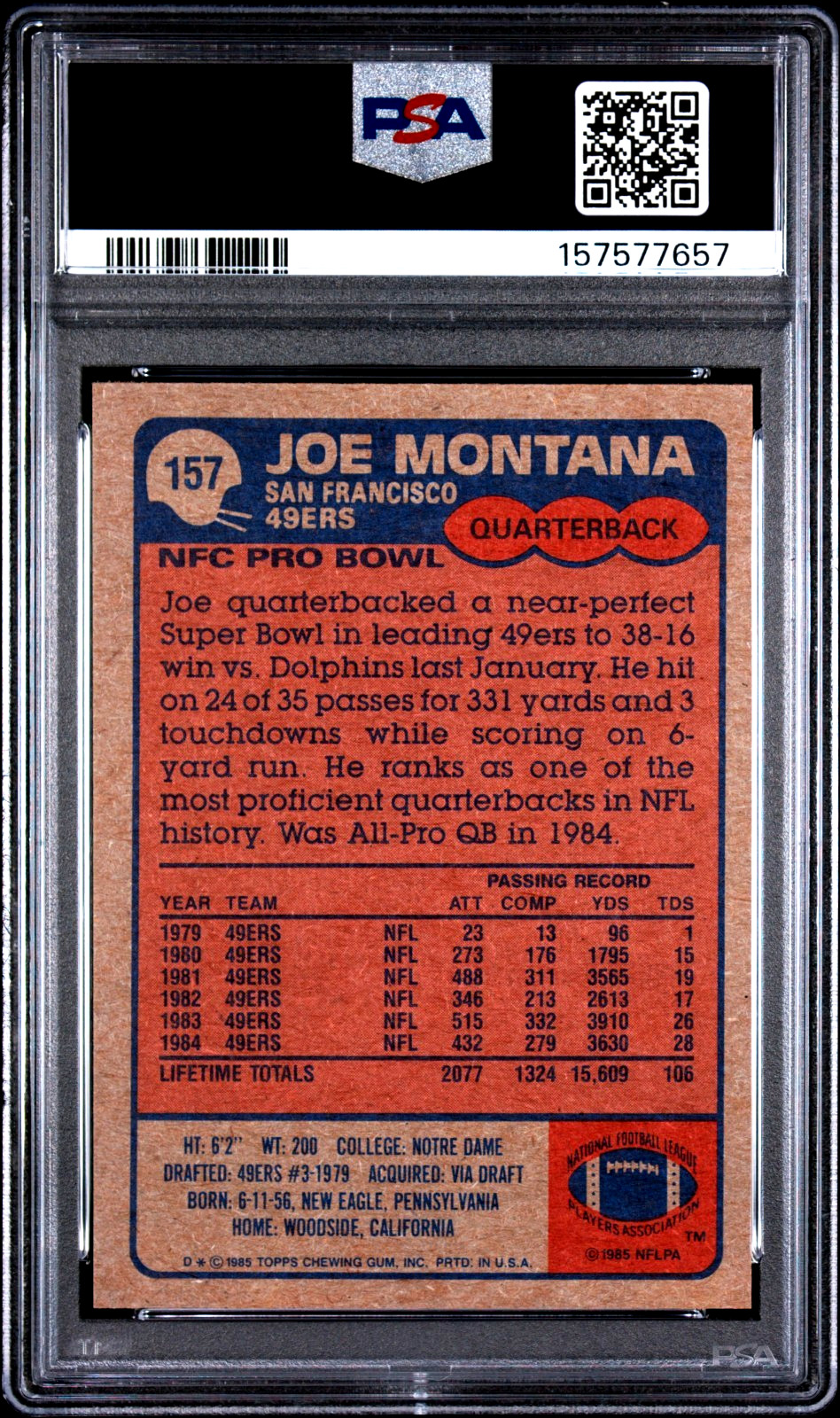 1985 Topps Football #157 Joe Montana San Francisco 49ers PSA 8 NM-MT view 2