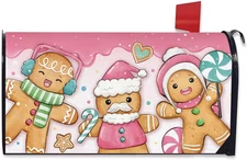 Pink Christmas Mailbox Cover Magnetic Standard Size 20.5" X 18", Xmas Gingerbrea