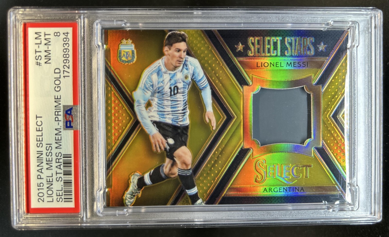 2015 Select Lionel Messi Stars Memorabilia Prime Jersey Gold Prizm #/10 PSA 8