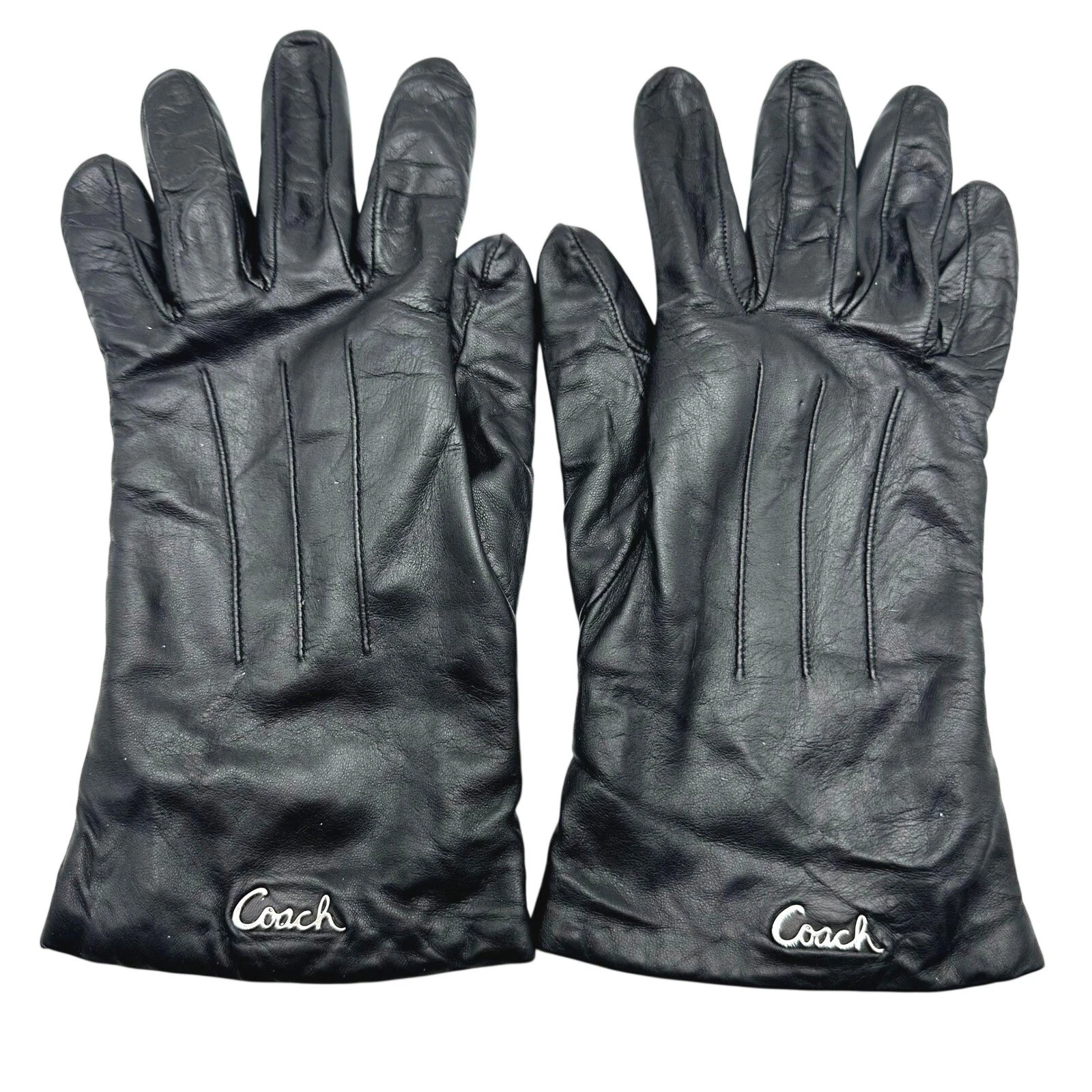 Vintage Coach Women Black Leather Cashmere Lined Gloves Silver Script Logo (8)