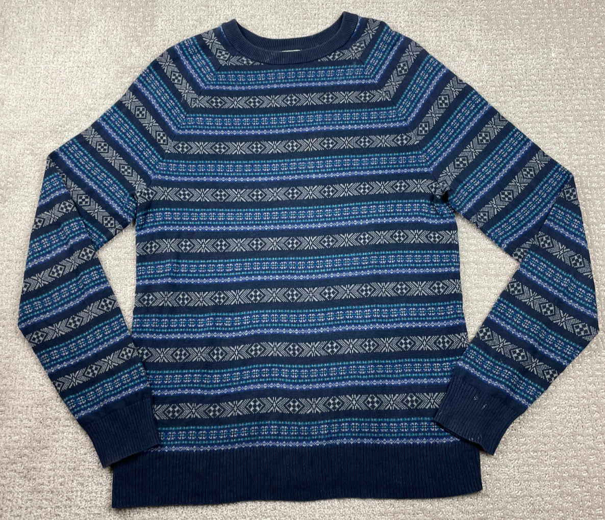 Old Navy Sweater Mens Medium Blue Fair Isle Nordic Knit Striped Pullover Outdoor