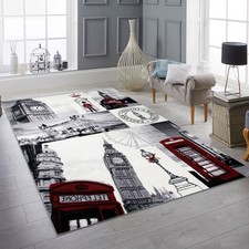 Tapis moderne motif Londres crème gris rouge pour salon
