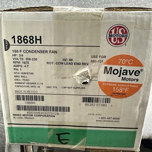 Nidec US Motors 1868H 1/4HP 1075RPM 208-230V Condenser Motor HVAC Fan Part