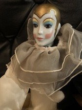 Vintage Russ Pierrot Porcelain Clown Mime Doll 17" Black White Gold