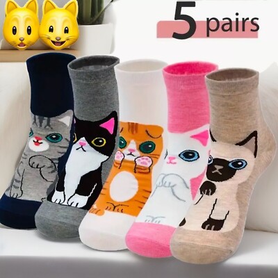 5 PAIRS WOMEN'S / GIRL'S CUTE CARTOON CAT PATTERN  LIGHTWEIGHT ANKLE SOCKS SET