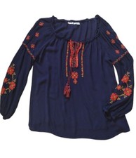 John Paul Richard Blouse Women S Navy Boho Top Long Sleeve Embroidered Orange