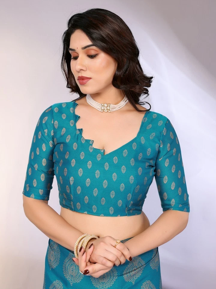 Estampado, estampado en bloque de gasa de uso diario, sari de Georgette (azul) Foto 2 de 4