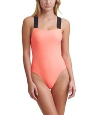 DKNY Women's DI1MS685 Coral Logo Strap Sleeveless One Piece Swimsuit Size Large