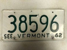 1962 See VERMONT License Plate 38596