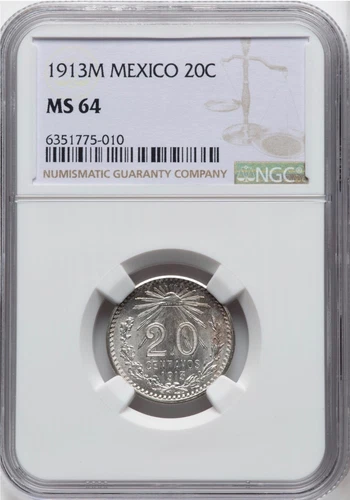 MEXICO ESTADOS UNIDOS 1913  20 CENTAVOS COIN NGC CERT. CHOICE UNCIRCULATED MS64